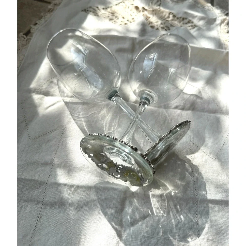 1990's Lindsay Claire Set of 2 Silver Pewter Base Wine Glasses Theater